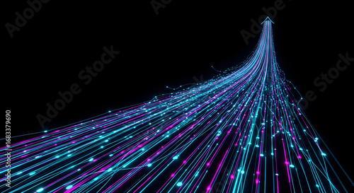 Dynamic digital data streams converge upwards into a bright arrow symbol against a black background