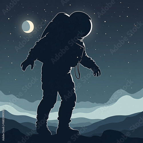 Astronaut in Space: A solitary astronaut in silhouette stands on an alien planet under the soft glow of the moon and stars, evoking a sense of wonder and solitude.