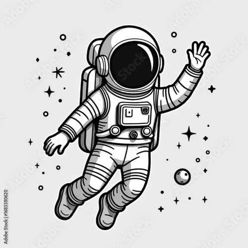 Astronaut in Space: An astronaut, in a clean monochrome illustration, floats in space, his spacesuit gleaming as he waves, surrounded by stars and a distant planet.