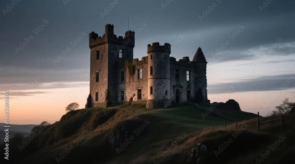 Obraz premium Ruined castle on a hilltop at sunset