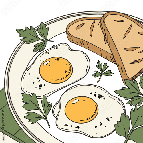 Delicious fried eggs and toast breakfast platter with parsley garnish