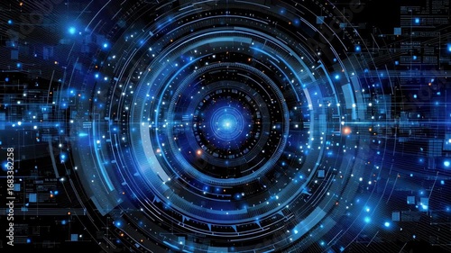 Futuristic Digital Interface Illustrating Cosmic Spiral in Blue Hues with Glowing Elements