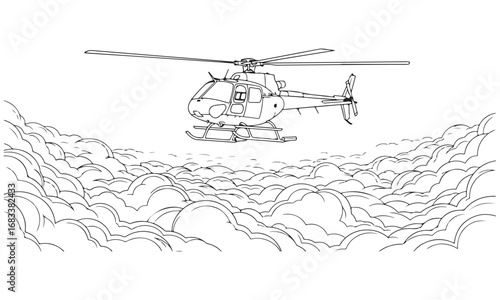 Line Art Illustration of a Helicopter Flying Above Clouds