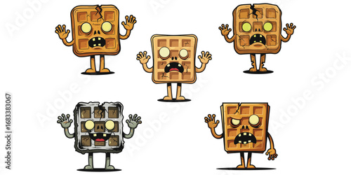 Zombie Waffle Cartoon Characters, Scary Breakfast Food Illustrations, Creepy Undead Snacks with Glowing Eyes, Halloween Style Vector Art Set