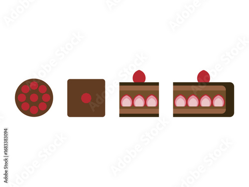 いちごが入ったチョコレートケーキのアイコンのイラストのセット