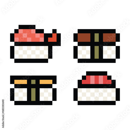Cartoon pixel sushi  sashimi salmon japanese food decoration 8 bit pixel art sushi rice character isolated PNG vector.
