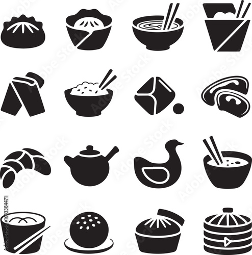 Assortment of Asian food and dim sum icons in black silhouette dumplings wonton