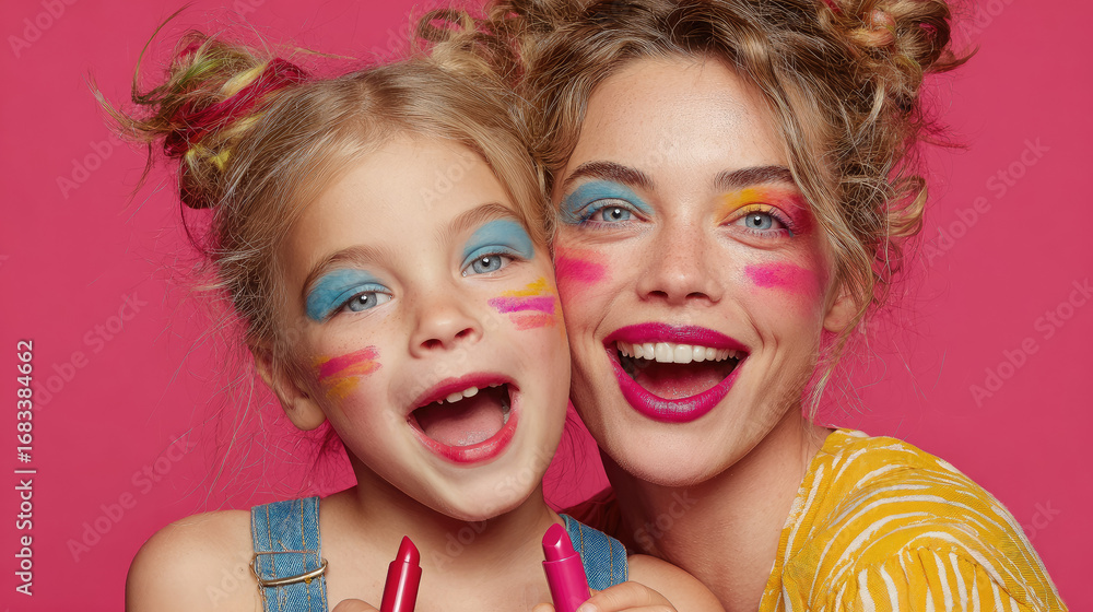 Fototapeta premium mother and daughter with beautiful makeup paint each other with lipstick on pink background, woman and girl have fun, mom and child, beauty salon, mother's day
