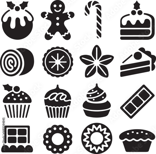 Assortment of Christmas dessert and holiday treat icons cake