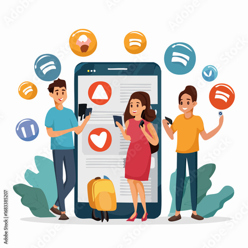 People using smartphones with social media icons.