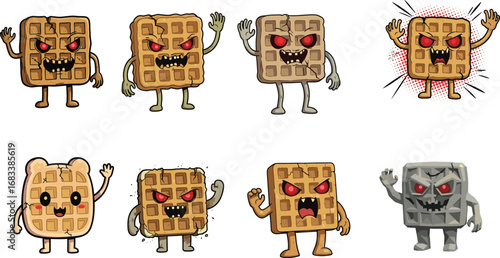 Angry and Cute Waffle Characters, Funny Cartoon Breakfast Monsters, Halloween Style Food Faces with Red Eyes, Vector Illustration Set