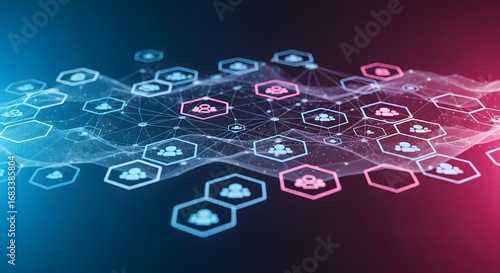 A social network of connected user icons on a digital grid. Teamwork and business community concept. An abstract illustration of human resources and customer connections.