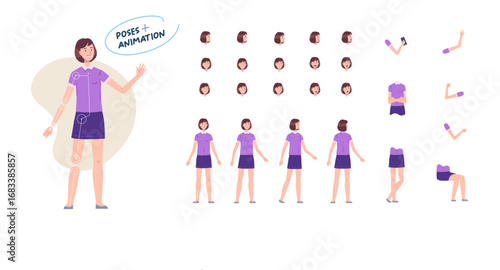 girl character for animation. Creation set with various views, face emotions, poses and gestures.