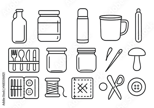Vintage line icons of kitchen and sewing essentials on grunge background