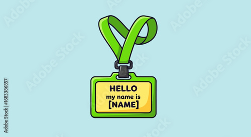 Cartoon illustration of a green name badge with a lanyard, featuring the phrase 'Hello my name is' for introductions at events