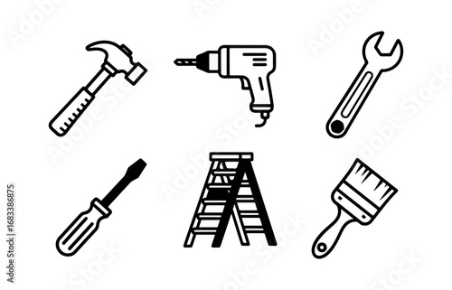 Simple white tools icons on black background