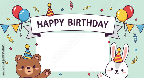 Cheerful Birthday Banner Balloons, Confetti, and Cute Characters Celebrating a Special Day