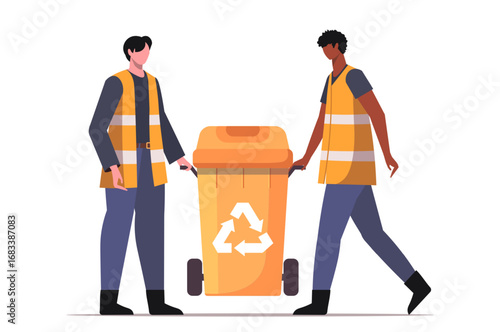  Sanitation workers in orange reflective vests are carrying a garbage bin. Сleaning service concept. Vector Not AI generated