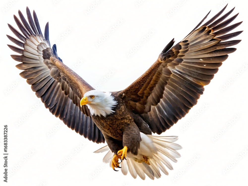 Naklejka premium Bald Eagle in Flight Wings Spread Wide White Background Bird Wildlife Raptor