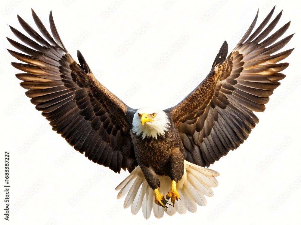 Fototapeta premium Bald eagle in flight wings spread wide isolated on white background bird