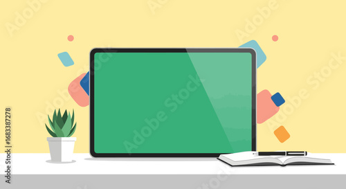 Creative workspace concept with a digital tablet mockup featuring a green screen, notebook, and plant on a modern desk
