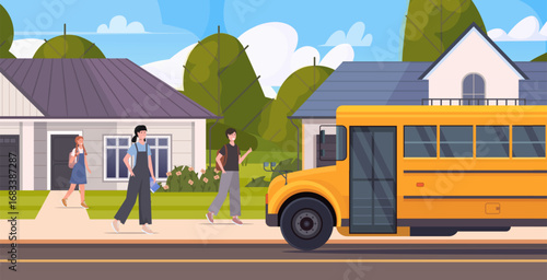  In a quiet suburban neighborhood lined with houses and green trees, a group of schoolchildren with backpacks walks toward a yellow school bus on the street. Back to school. Vector Not AI generated