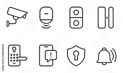 Set of eight security icons featuring camera, alarm, and lock elements