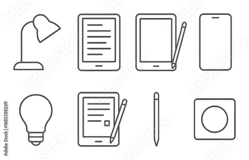 Digital devices outline icons: lamp, e-reader, tablet, smartphone, light bulb, pen