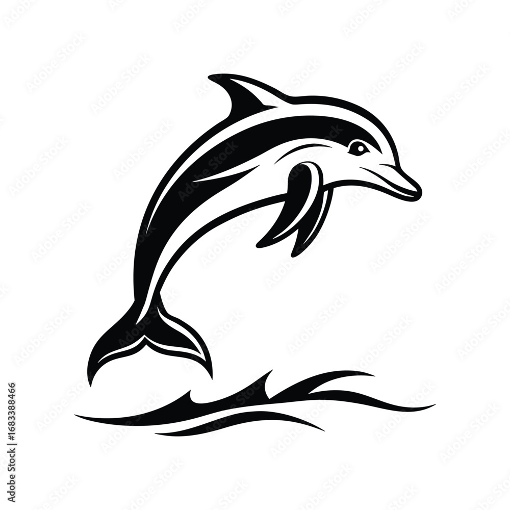 Fototapeta premium Stylized black and white dolphin jumping out of water isolated on white background