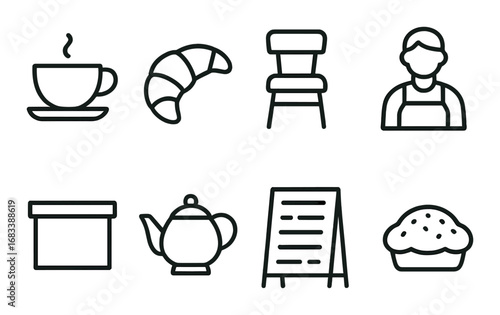 Cafe icon set featuring coffee, pastry, teapot, muffin, and more on green background