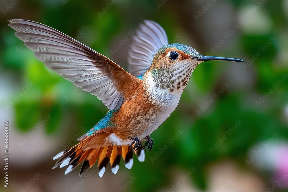 Fototapeta premium Hummingbird in Flight with Outspread Wings and Tail