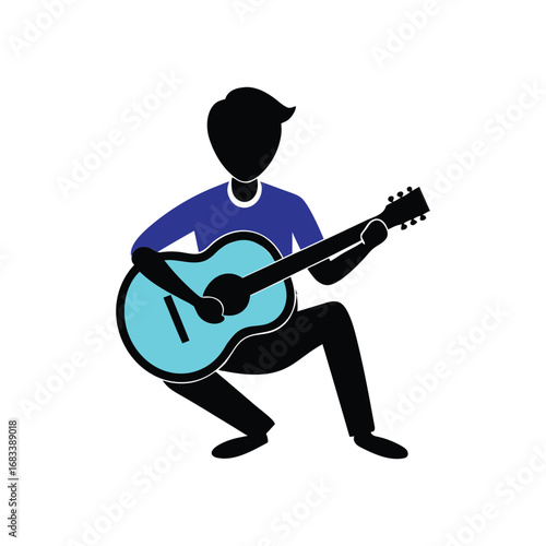 Person playing a blue acoustic guitar isolated on white background