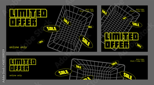 Black Friday Sale Digital Banners with Bold Yellow Tags and Limited Offer Discounts