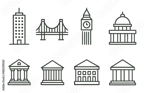 Icon set of landmarks and buildings featuring bridge and clock tower