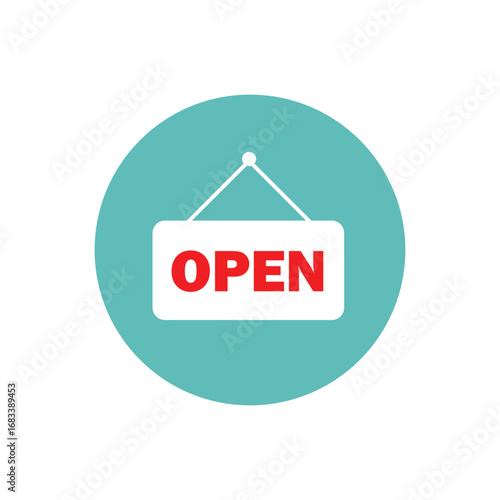 Flat vector illustration of a open sign with red text on a white board inside a teal circle. Symbol of shop closure, unavailable service, or business hours notice for commercial use.
