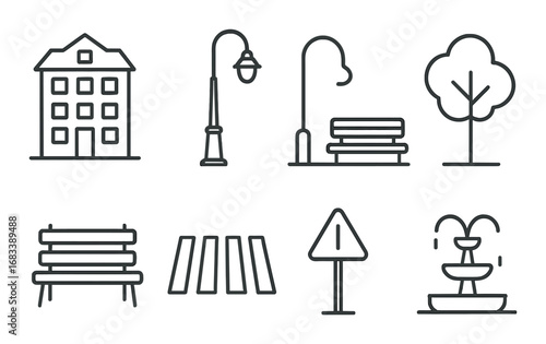Urban line art icons: buildings, benches, trees, lamp posts, crosswalk, traffic sign, fountain