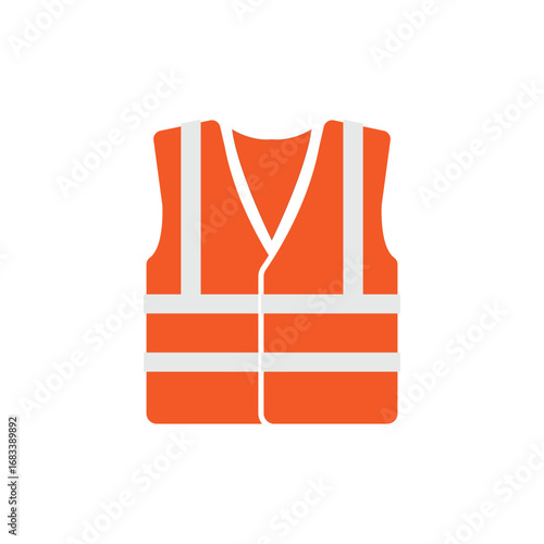 Flat vector illustration of an orange safety vest with reflective stripes. Symbol of safety, protection, and workwear used in construction, industrial, and emergency environments.