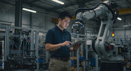 Asian Engineer Inspecting Robotic Arm in Industrial Factory Setting.