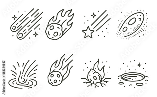 Hand-drawn meteor sketch collection featuring stars and craters