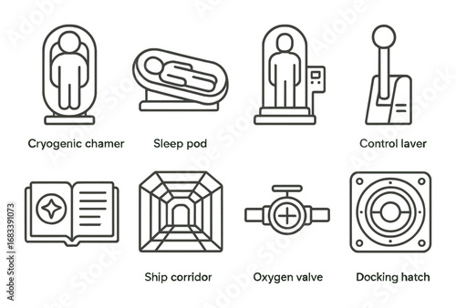 Futuristic spacecraft interface icons illustrating cryogenic chamber and control systems