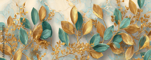 Gold and Turquoise Leaves and Vines on Marble Background

