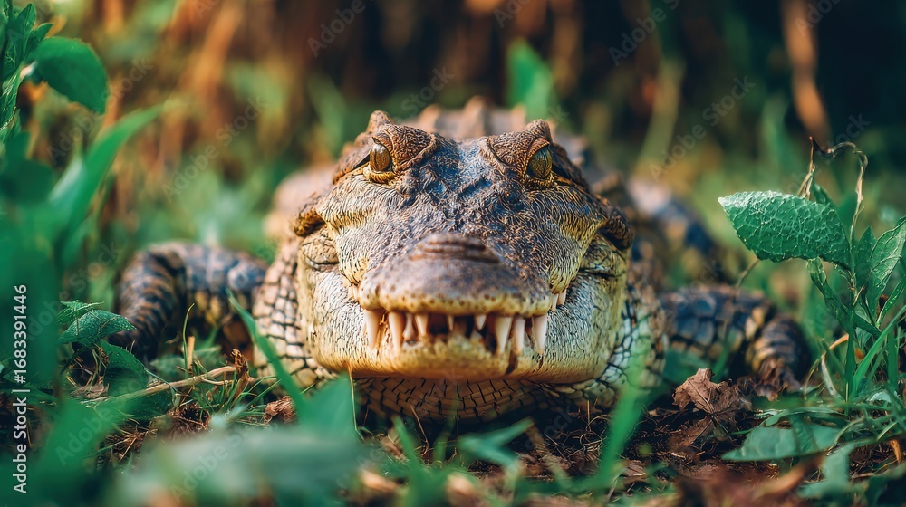 Fototapeta premium Caiman Head Close-Up in Green Grass