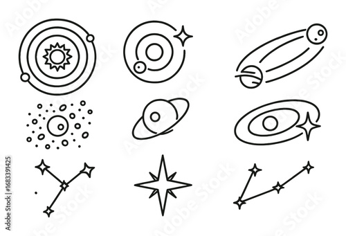 Space symbols: planets, stars, and constellations on a dark background