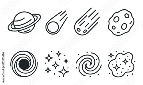 Minimalist celestial icons: planets, asteroids, and cosmic whirlpools