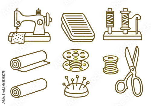 Sewing tools and accessories on gold background - machine, scissors, thread, fabric, and needles