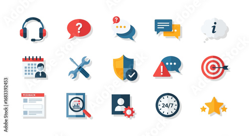 A collection of colorful flat design icons for customer service, support, and helpdesk concepts.