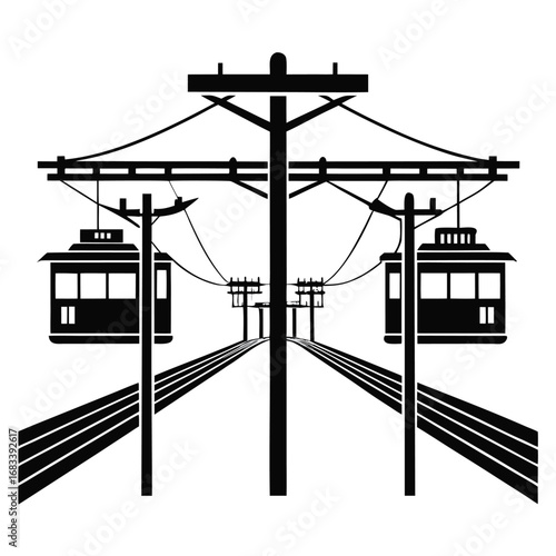 A unique design of electric train overhead cables, a key component for power delivery and railway electrification. Suitable for technical diagrams on electrical systems.