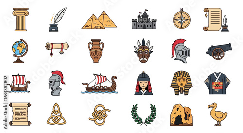 Collection of Hand-Drawn Ancient Civilization Icons.