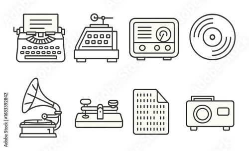 Retro communication and entertainment icons: typewriter, radio, vinyl, and more