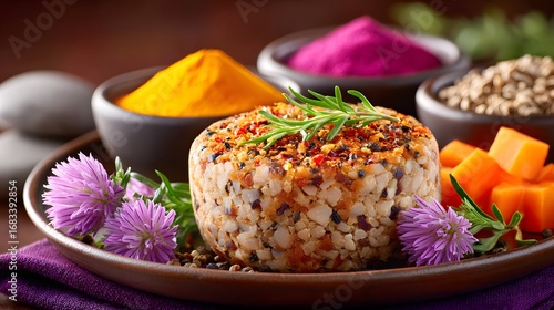 Colorful Cheese and Spices with Fresh Herbs on a Rustic Wooden Table